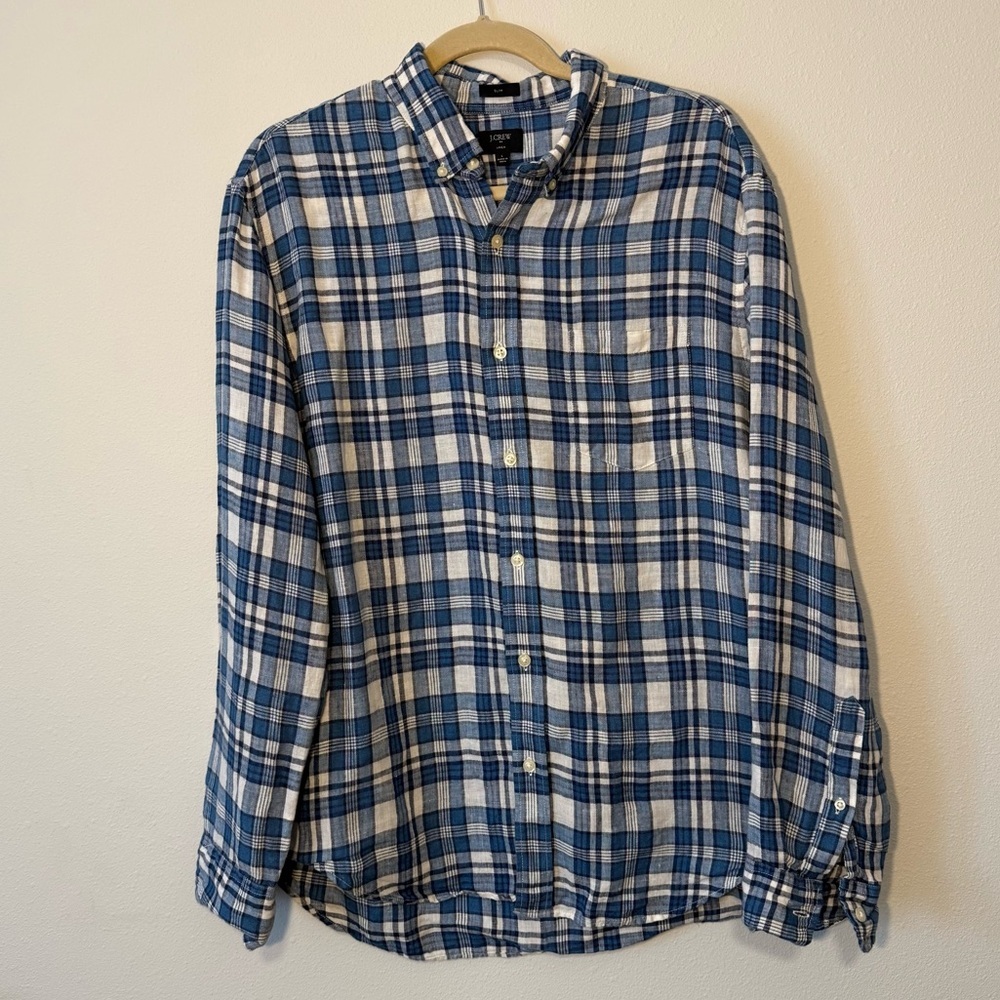J. Crew Linen Shirt Blue Plaid Button Down with Long Sleeves